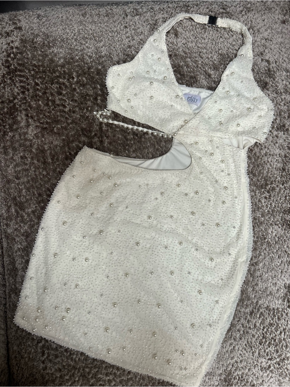 Oh Polly Pearl-Embellished White Halter Dress